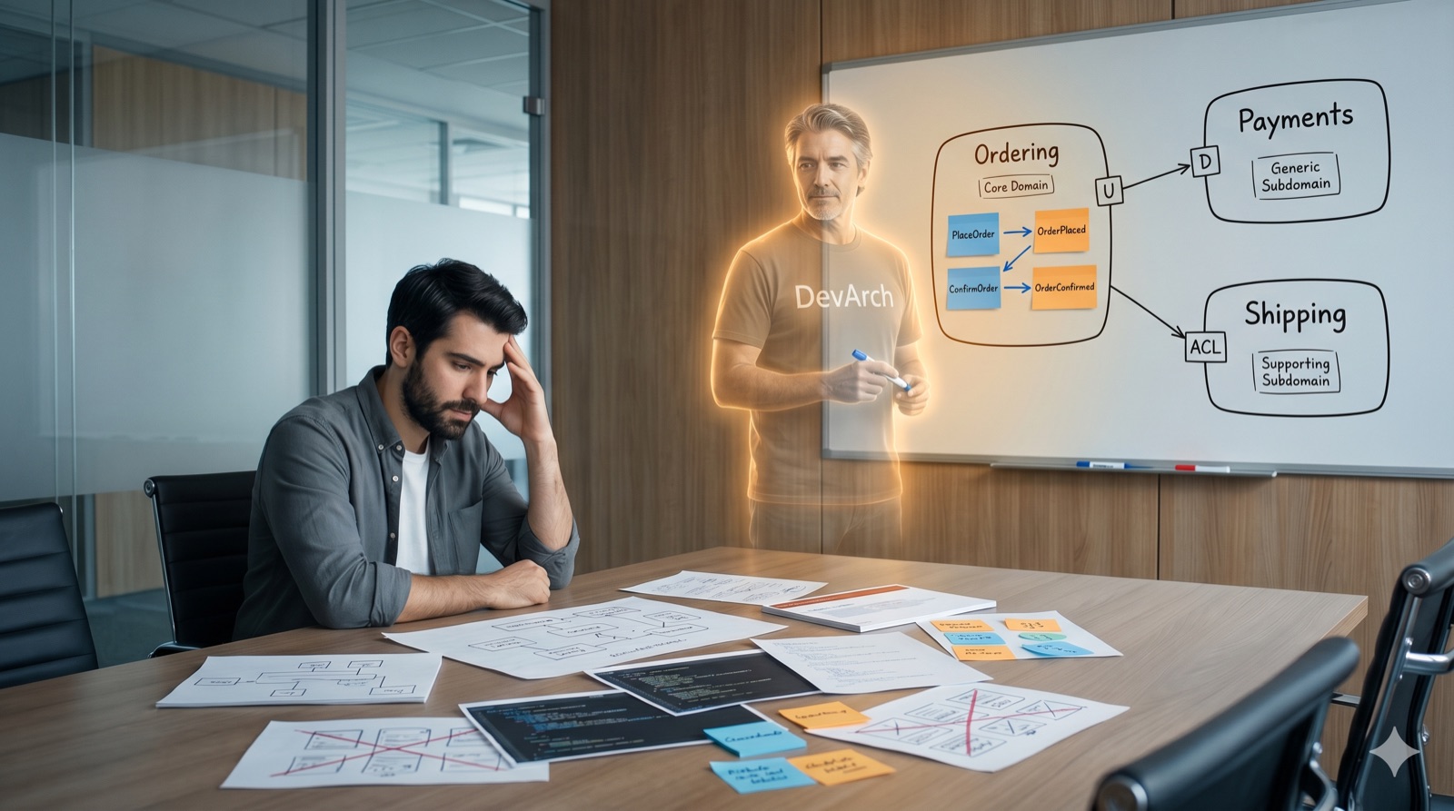 An overwhelmed developer at a table while a glowing DevArch mentor maps bounded contexts — Ordering, Payments, Shipping — on a whiteboard.